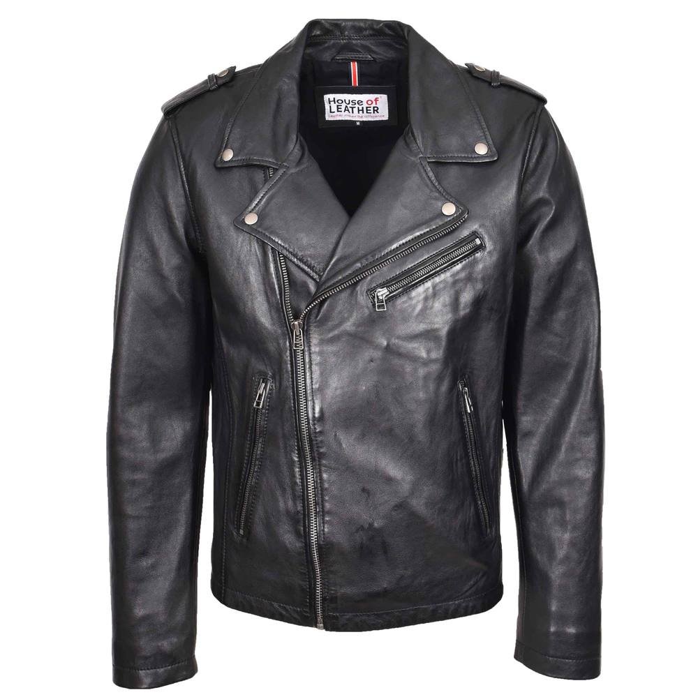 House of Leather House of Leather Men's Mens Leather Brando Biker Style Jacket Cross Zip Daylen Black - 3