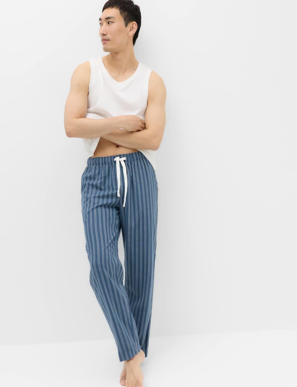 Marks & Spencer M&S Pure Cotton Striped Loungewear Bottoms Blue Mix