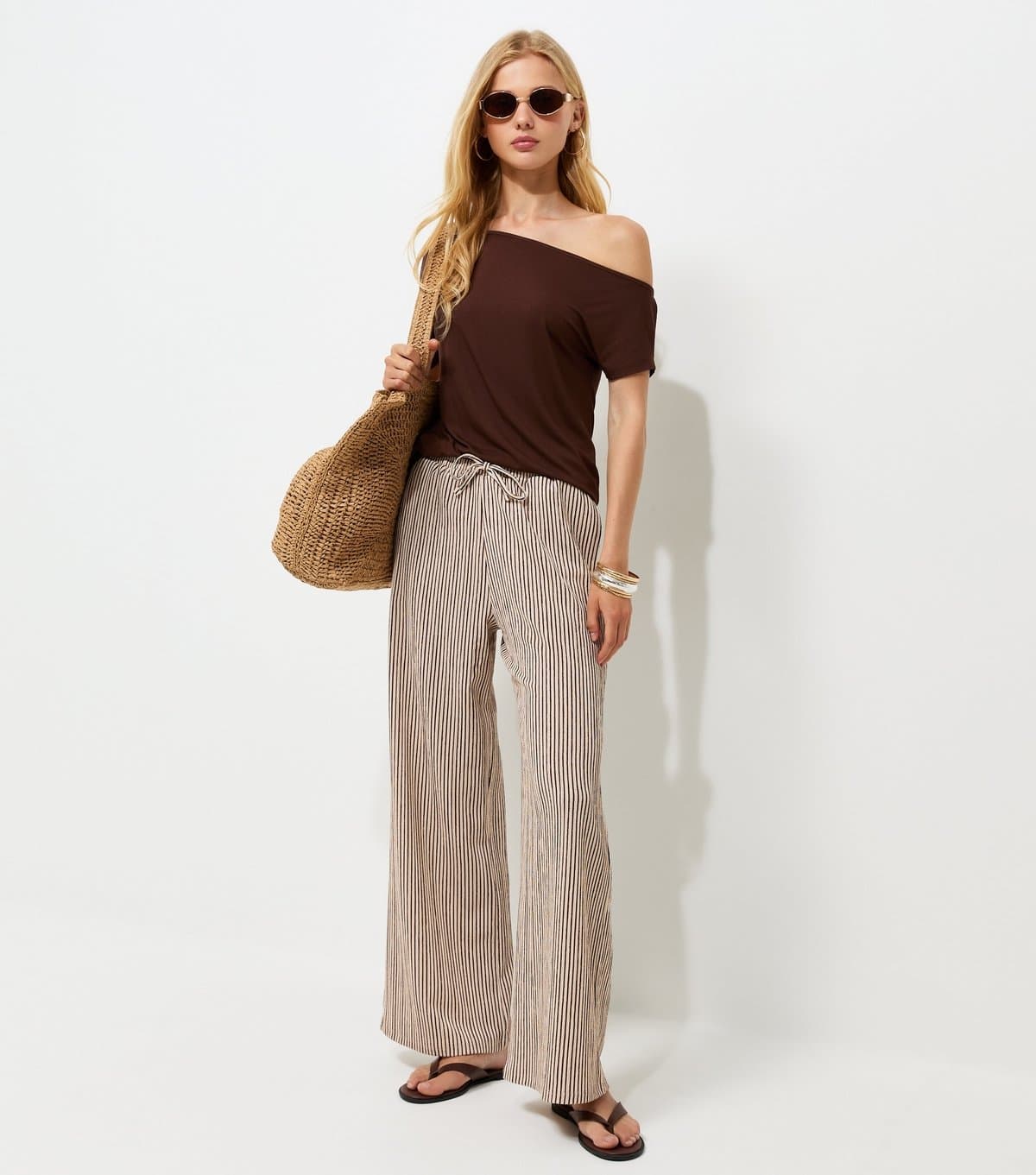 New Look Women's Brown Thin Stripe Crinkle Texture Wide Leg Trousers New Look