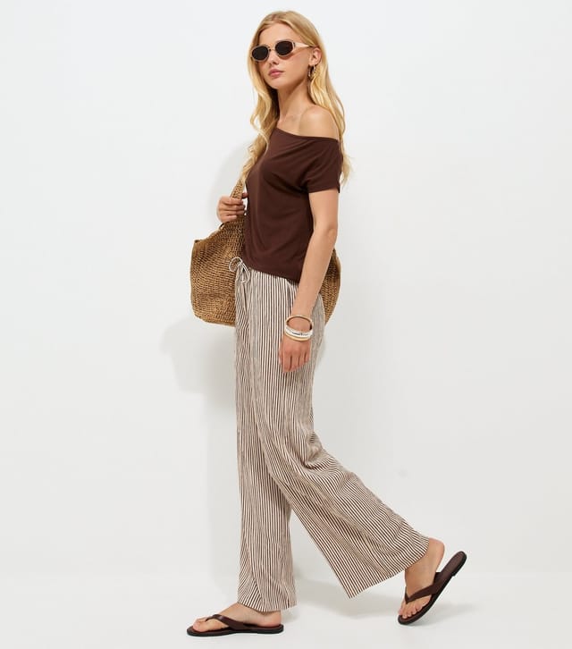 New Look Women's Brown Thin Stripe Crinkle Texture Wide Leg Trousers New Look - 3
