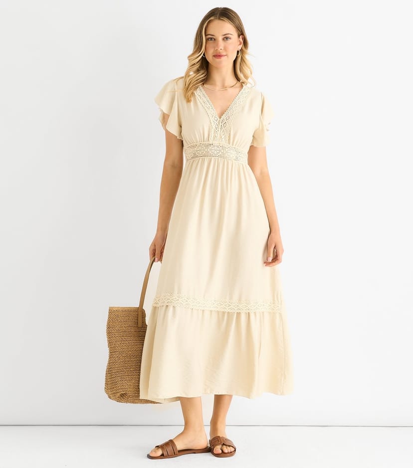 Gini London Women's Oatmeal Crochet Lace Panel Midi Dress Gini London New Look - 1