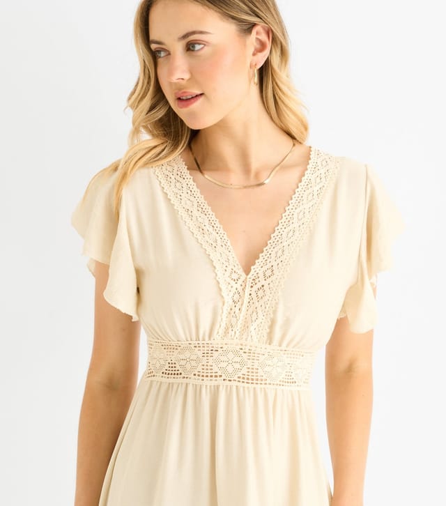 Gini London Women's Oatmeal Crochet Lace Panel Midi Dress Gini London New Look - 2