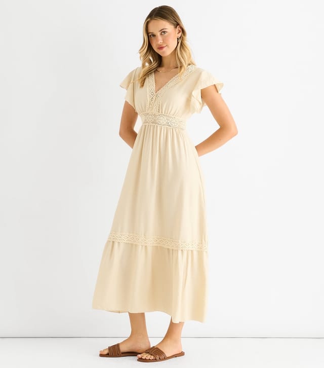 Gini London Women's Oatmeal Crochet Lace Panel Midi Dress Gini London New Look - 3