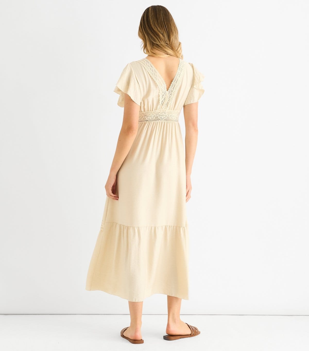 Gini London Women's Oatmeal Crochet Lace Panel Midi Dress Gini London New Look - 4