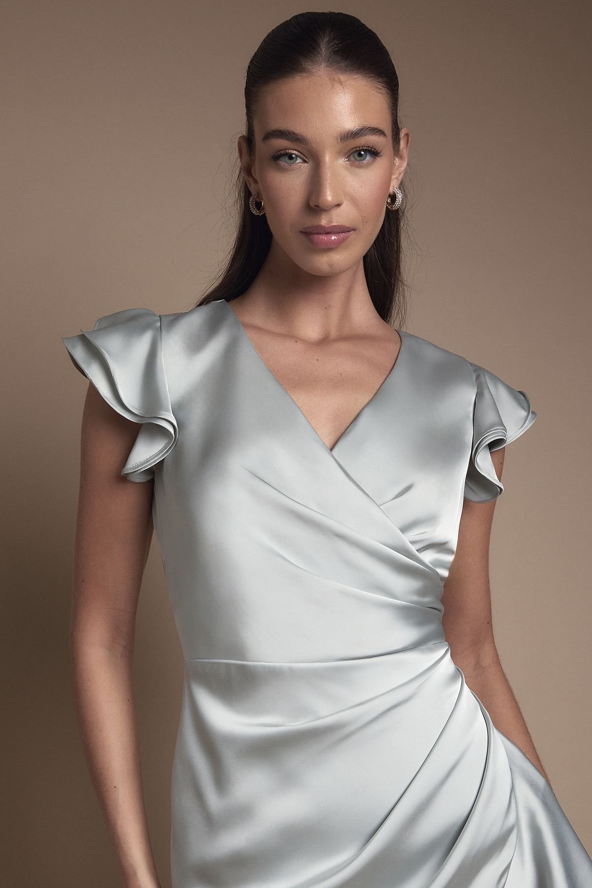 Coast Coast Women's Wrap Front Frill Hem Cap Sleeve Bridesmaid Dress in Sage - 4