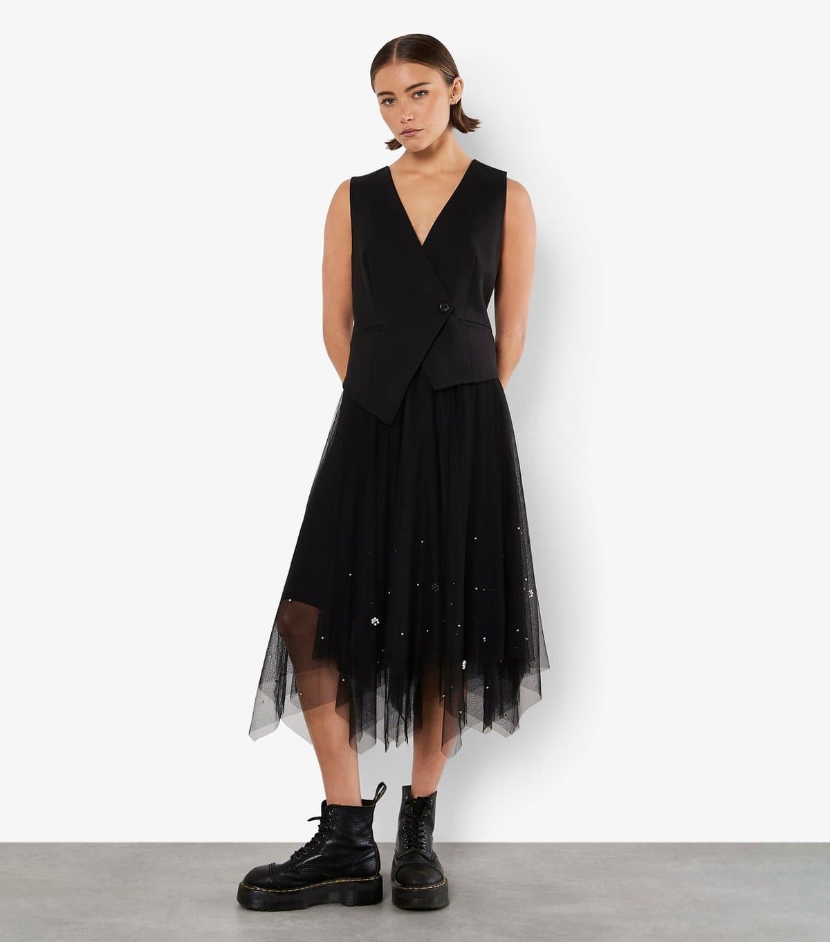 Apricot Women's Black Tulle Faux Pearl Midi Skirt Apricot New Look