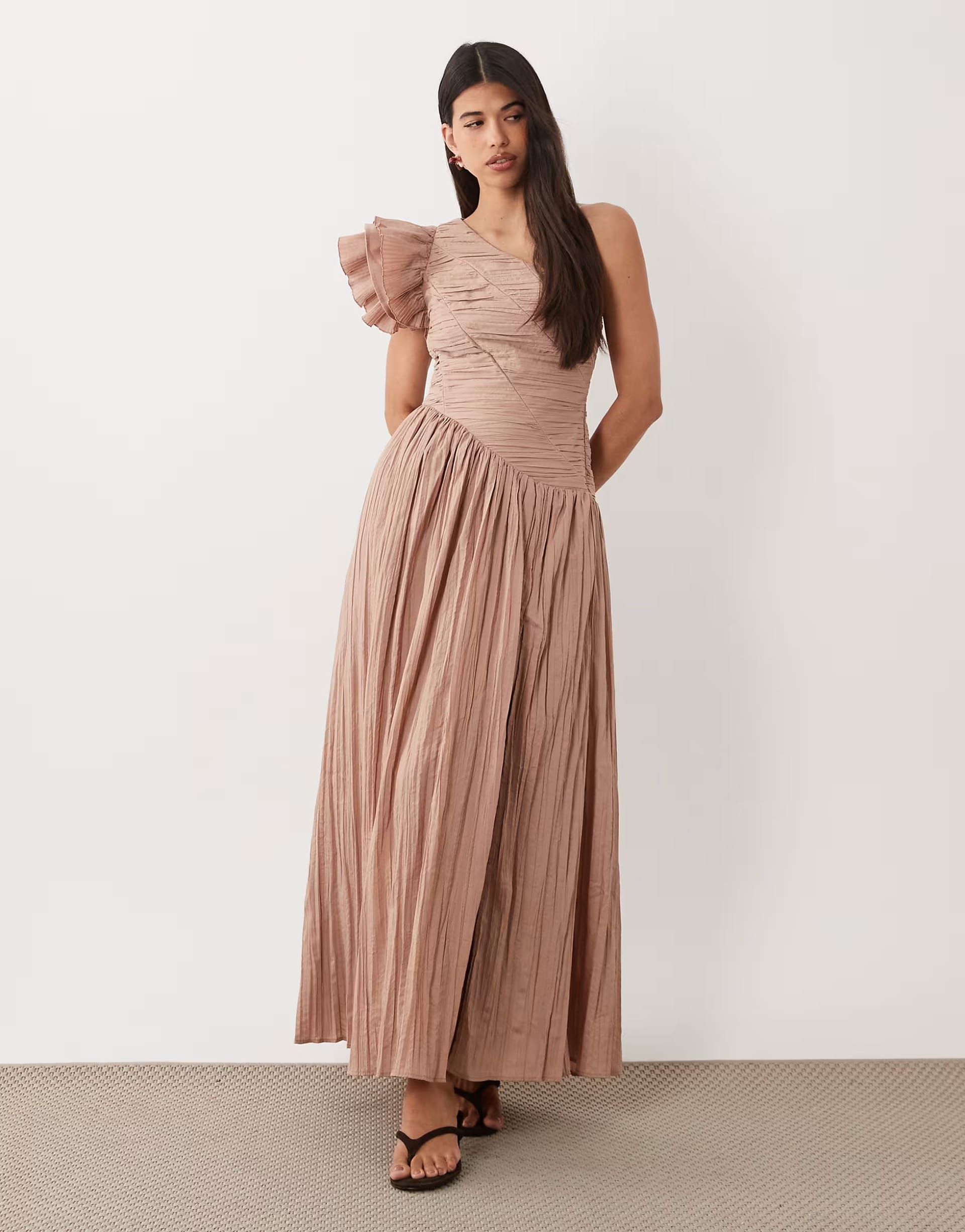 ASOS LUXE Mocha One Shoulder Maxi Dress with Pleated Bodice