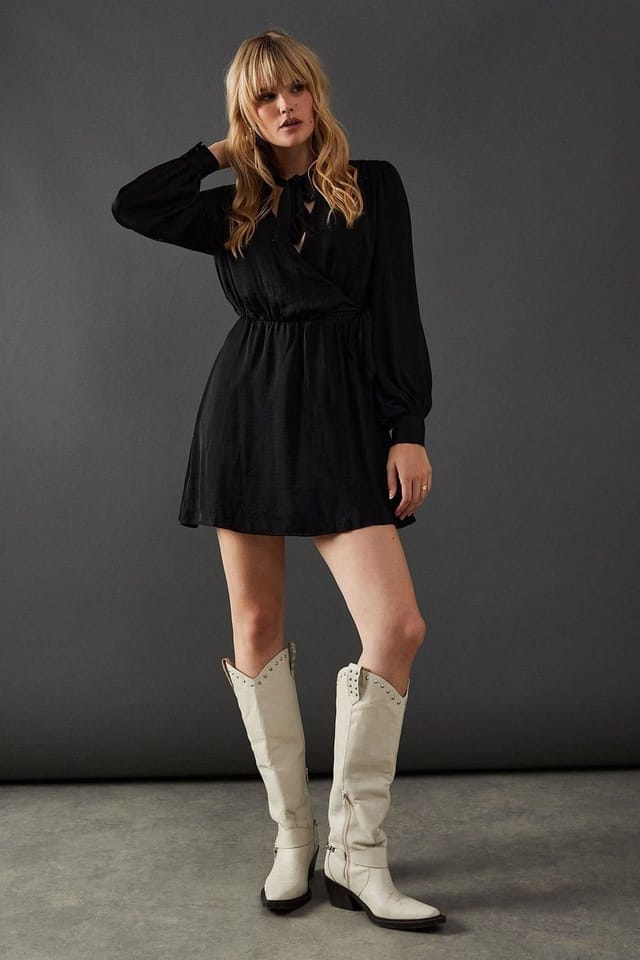 Warehouse Warehouse Women's Satin Tie Neck Flippy Mini Dress in Black - 2