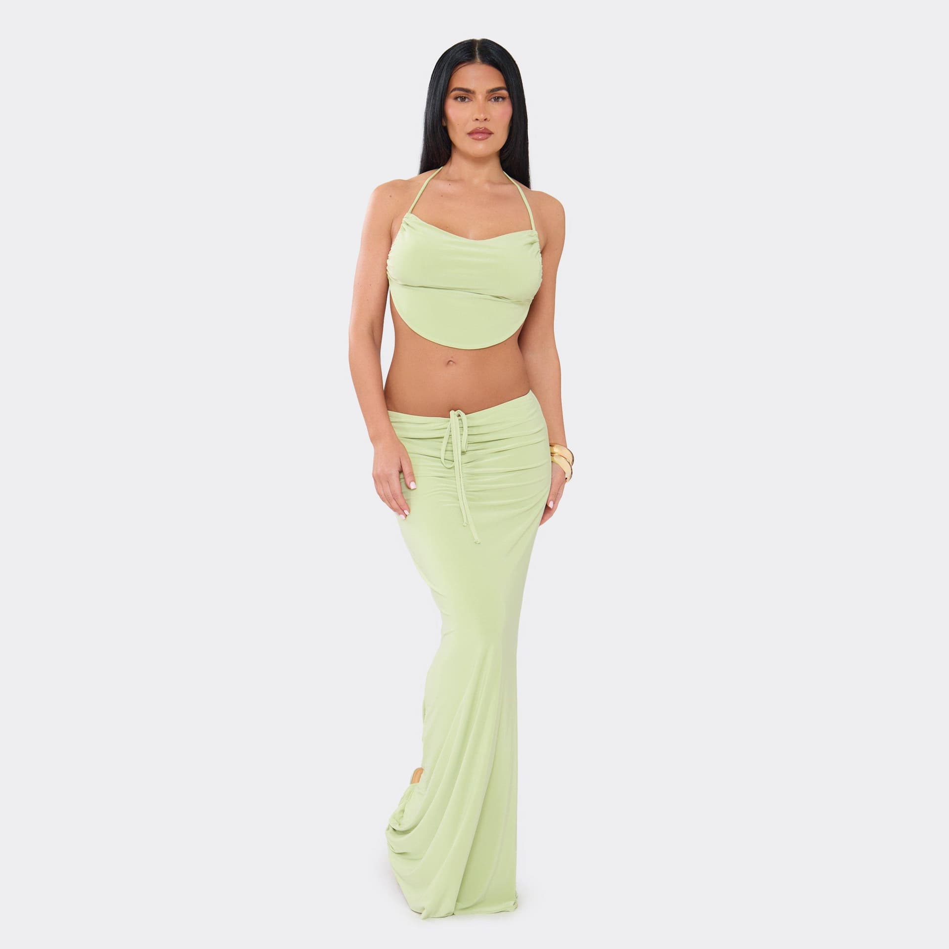 EGO Low Waist Ruched Maxi Skirt In Green, Women's Size UK 6