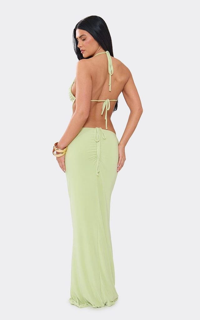 EGO Low Waist Ruched Maxi Skirt In Green, Women's Size UK 6 - 2