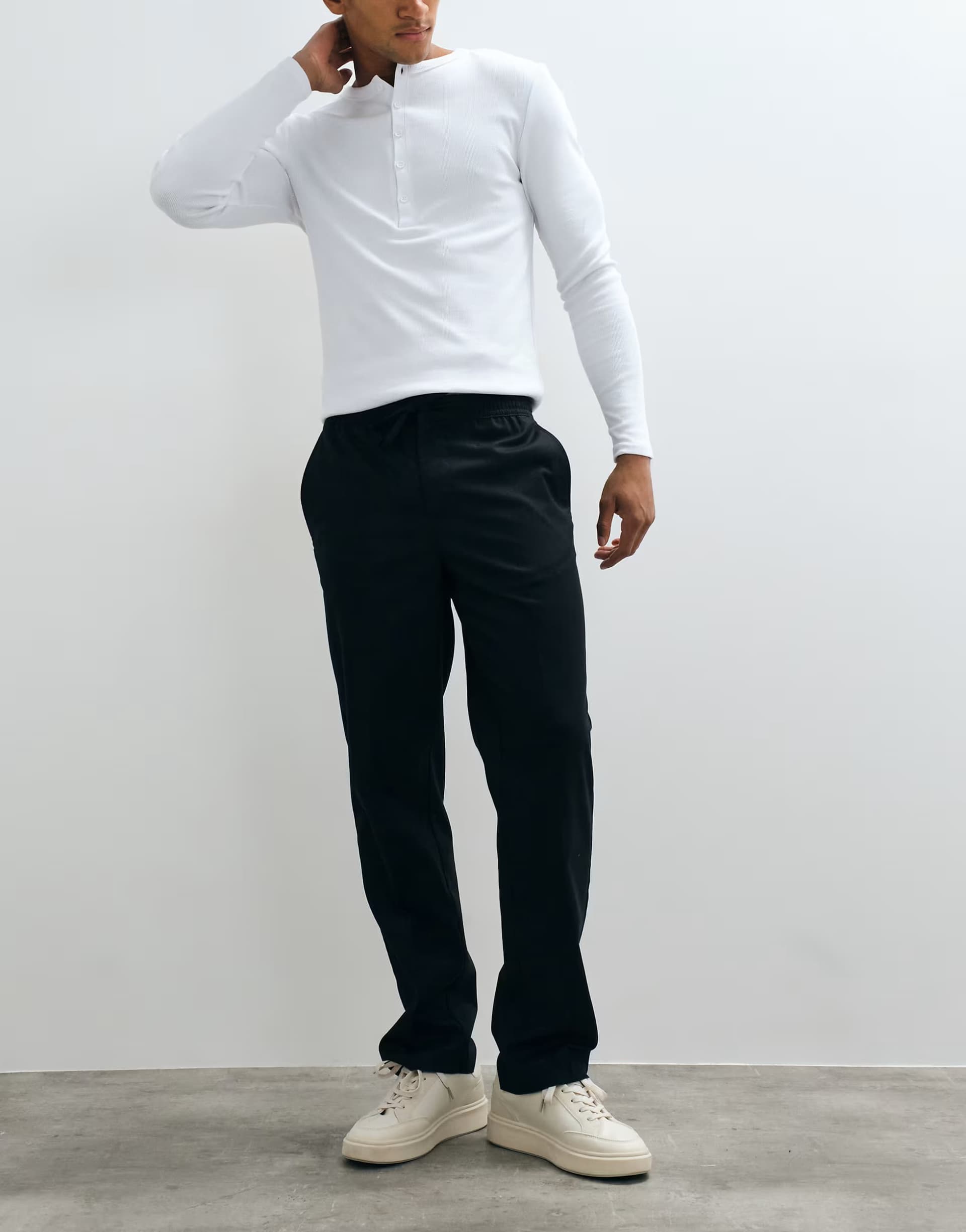 ASOS Threadbare drawstring waist straight leg trousers with pleat in black