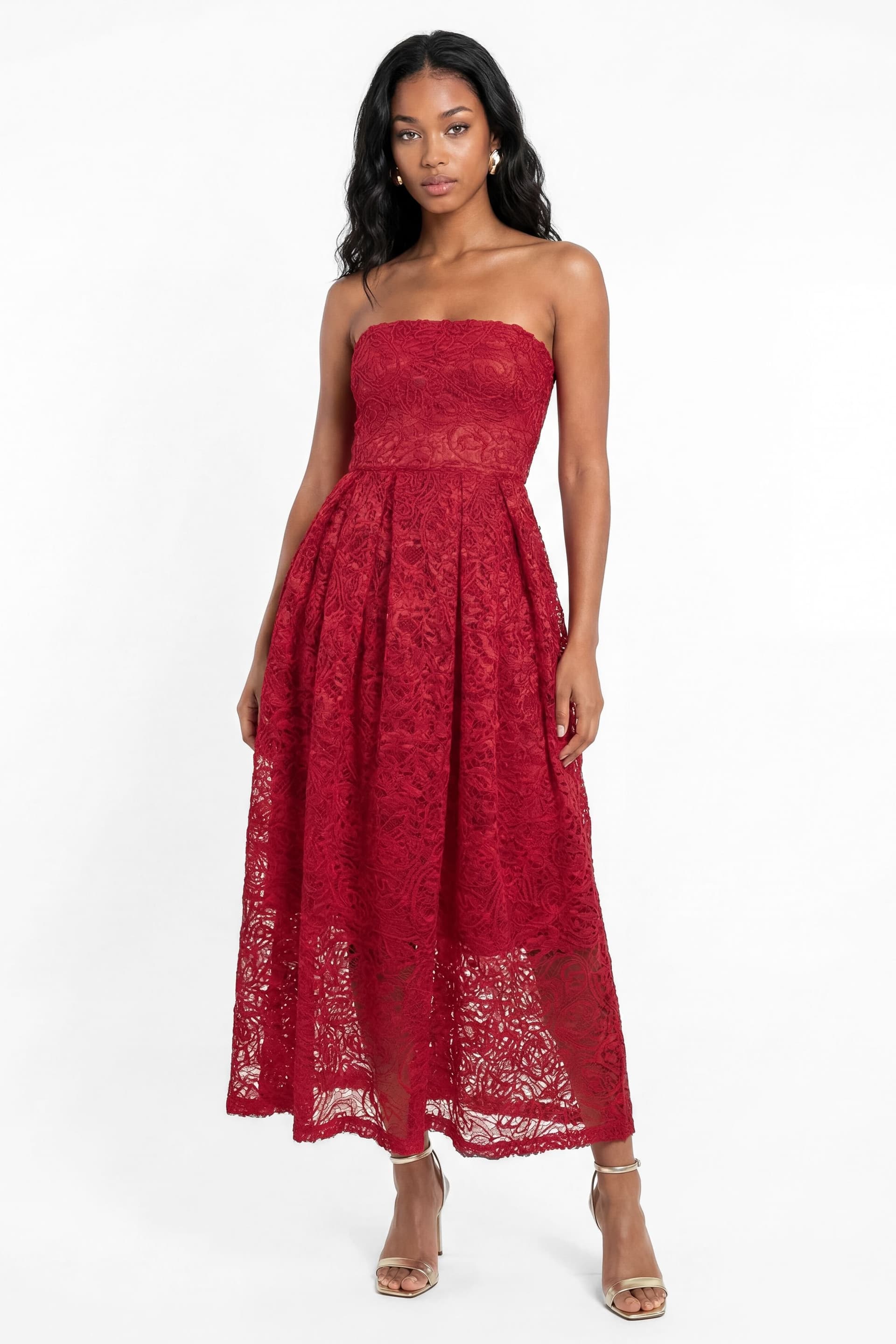 Maya Deluxe Maya Deluxe Women's Textured Lace Bandeau Midaxi Dress in Red