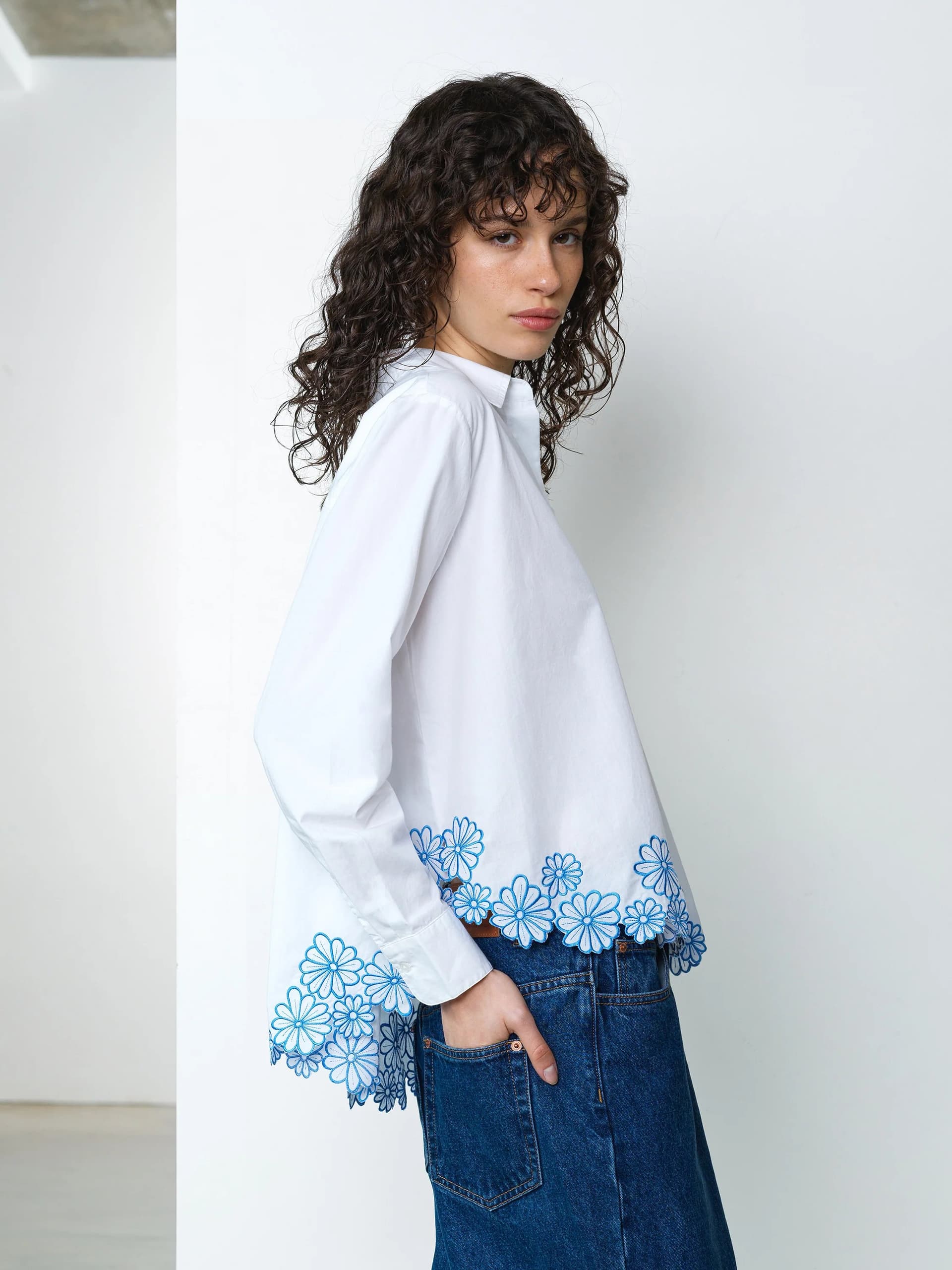 French Connection Cambria Cotton Floral Embroidered Hem Shirt Linen White/Azure Blue