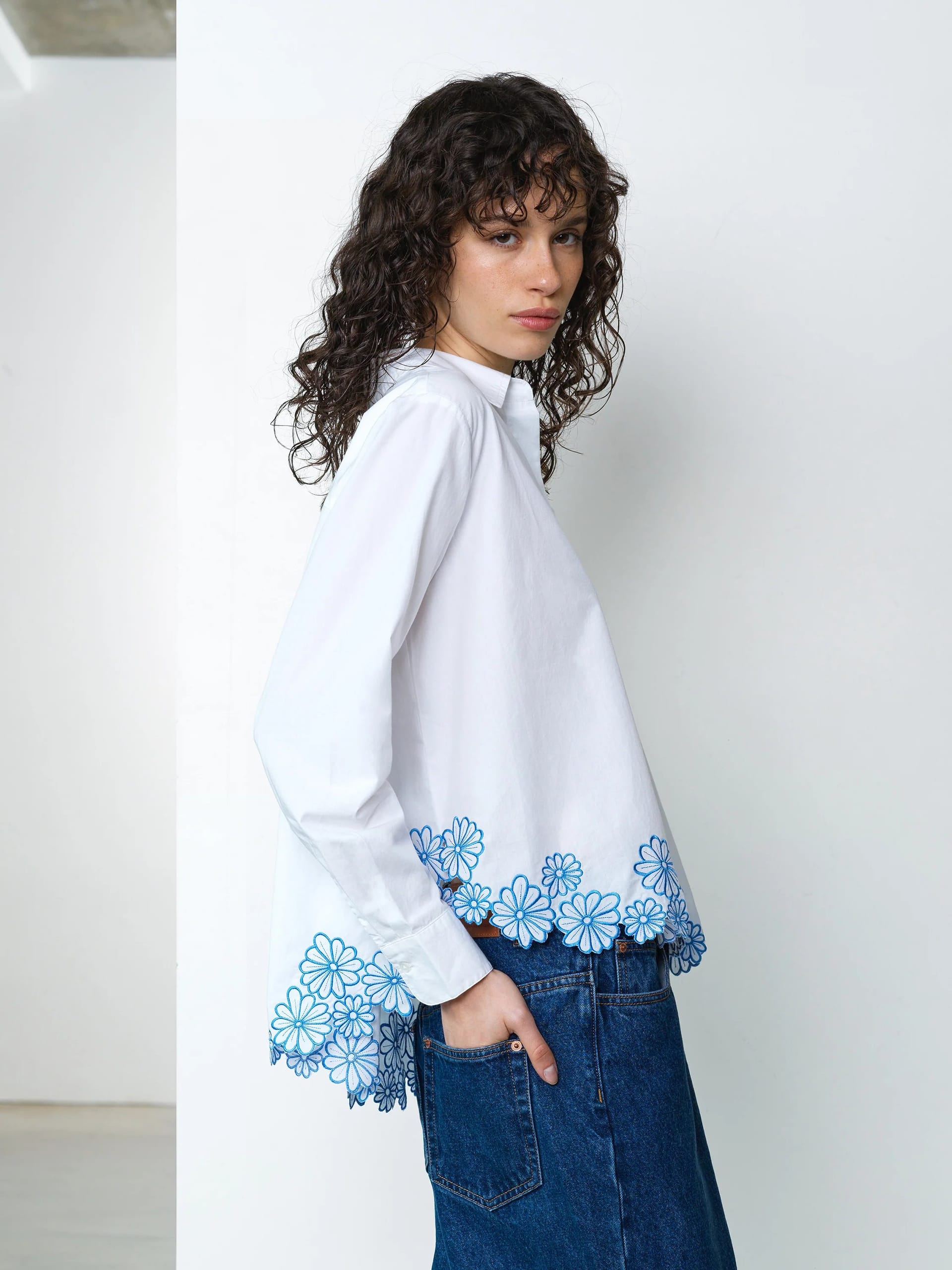 French Connection White Cotton Floral Embroidered Hem Shirt