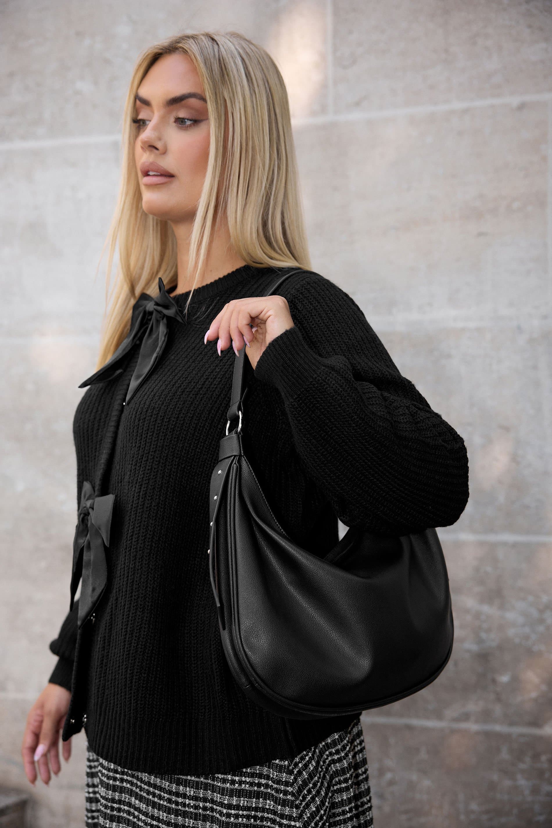 Yours Black Faux Leather Slouched Studded Shoulder Bag