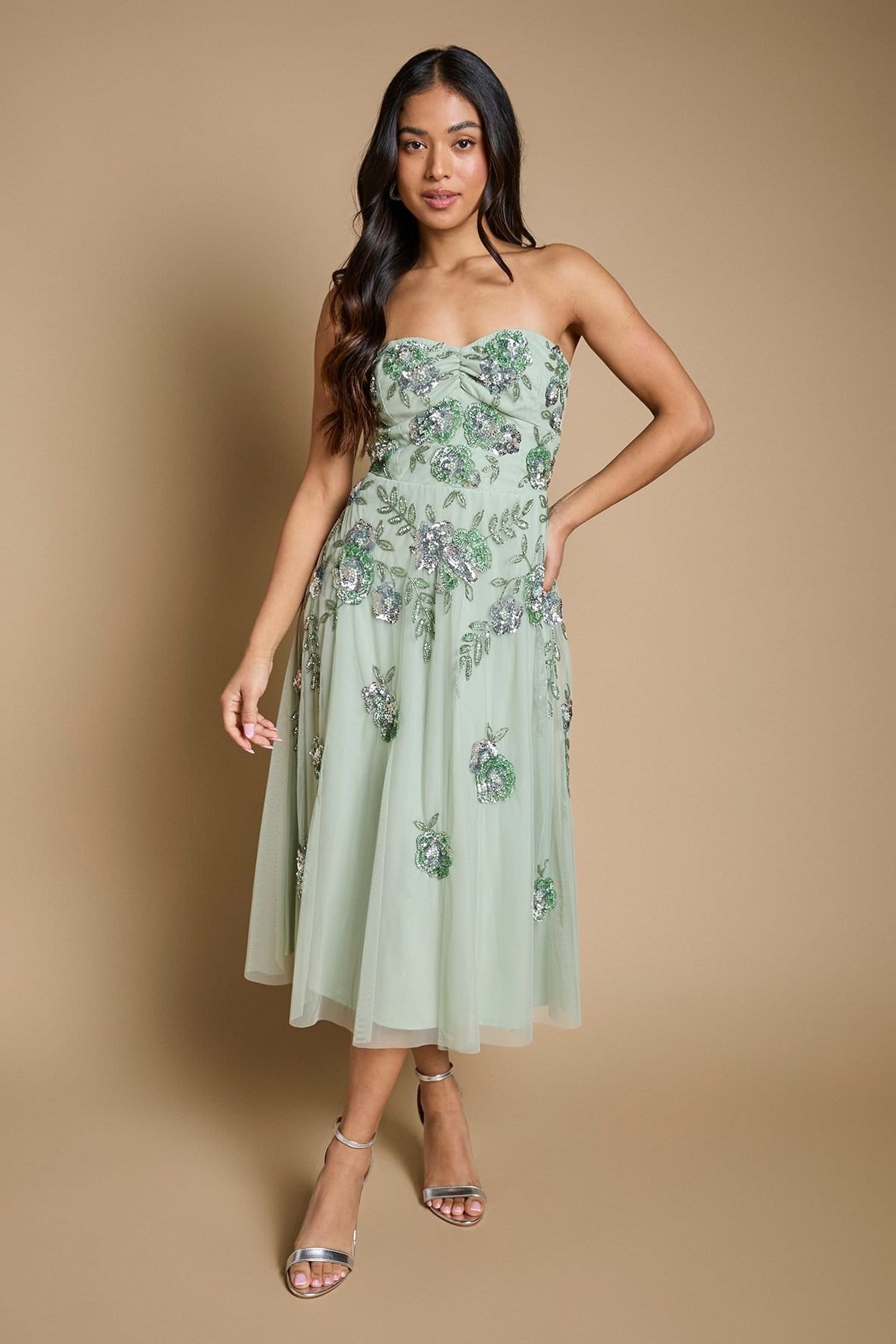 Oasis Sage Floral Embellished Bandeau Midi Dress