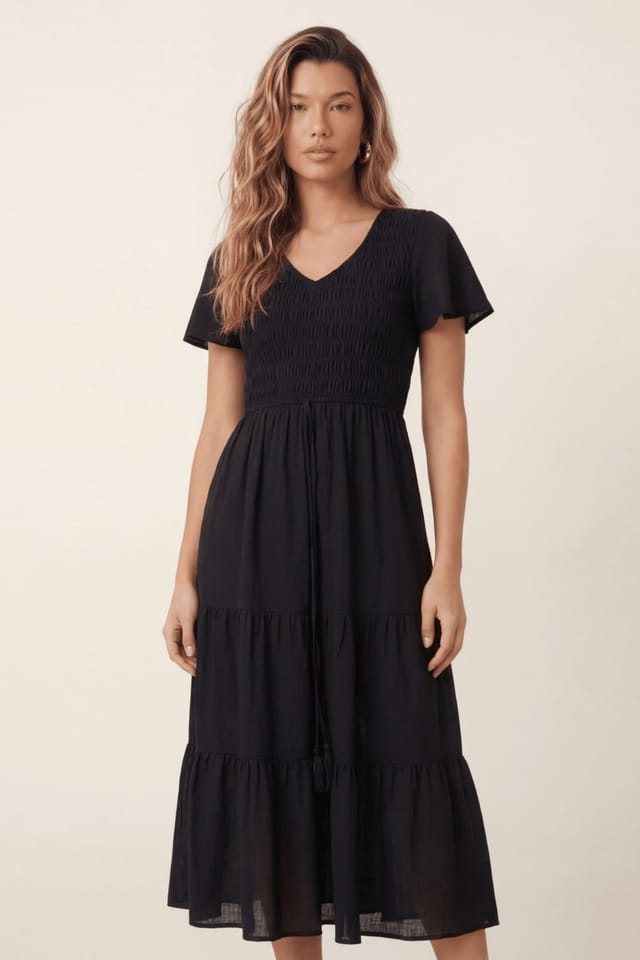 Style Cheat Style Cheat Women's V Neck Shirred Midi Dress in Black - 2