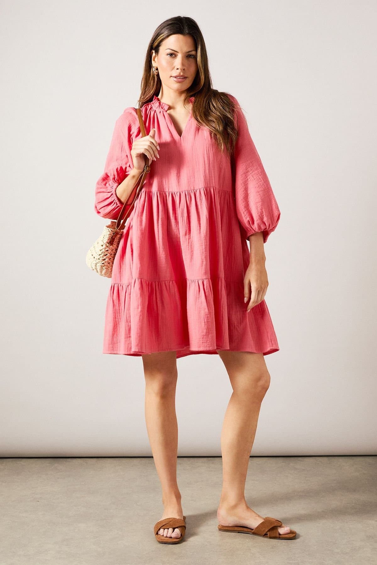 Wallis Wallis Women's Textured Tiered Smock Dress in Coral