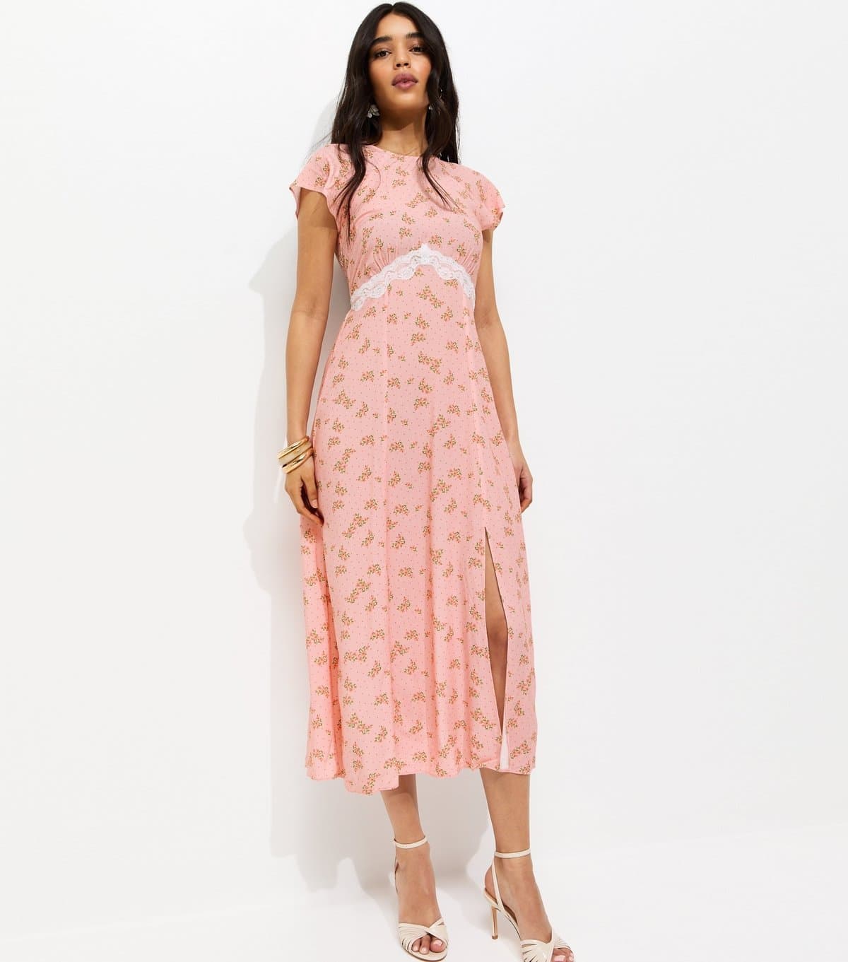 New Look Women's Pink Floral Lace Waist Midi Dress New Look
