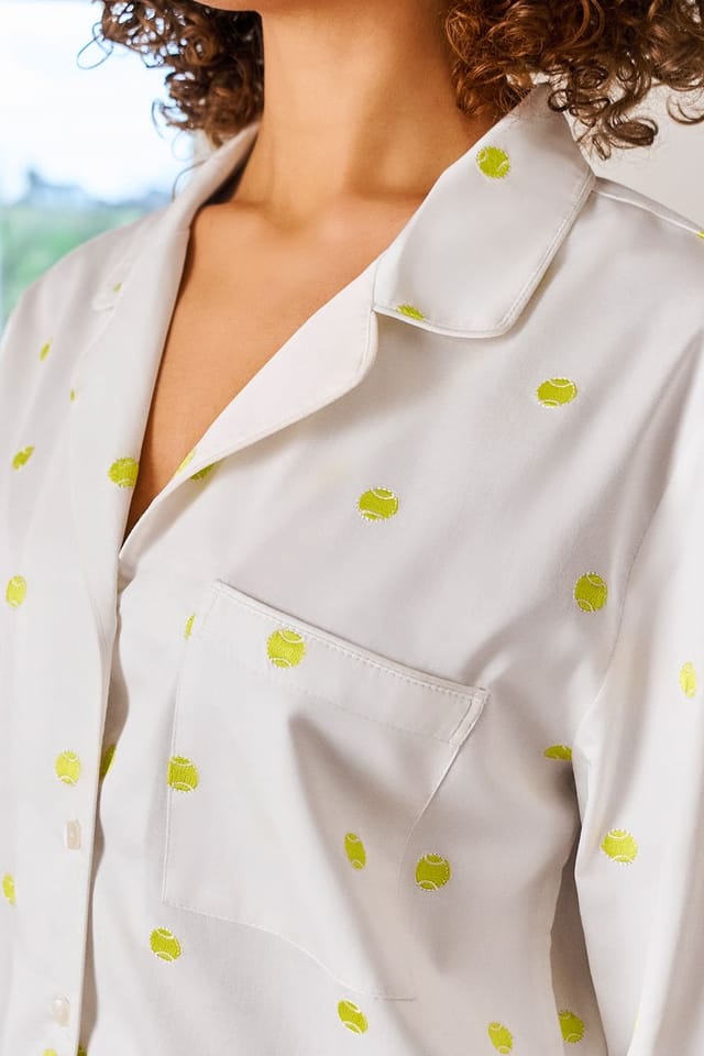 Christy CHRISTY Women's 'Tennis' Embroidered Cotton Pyjama Set in White - 2
