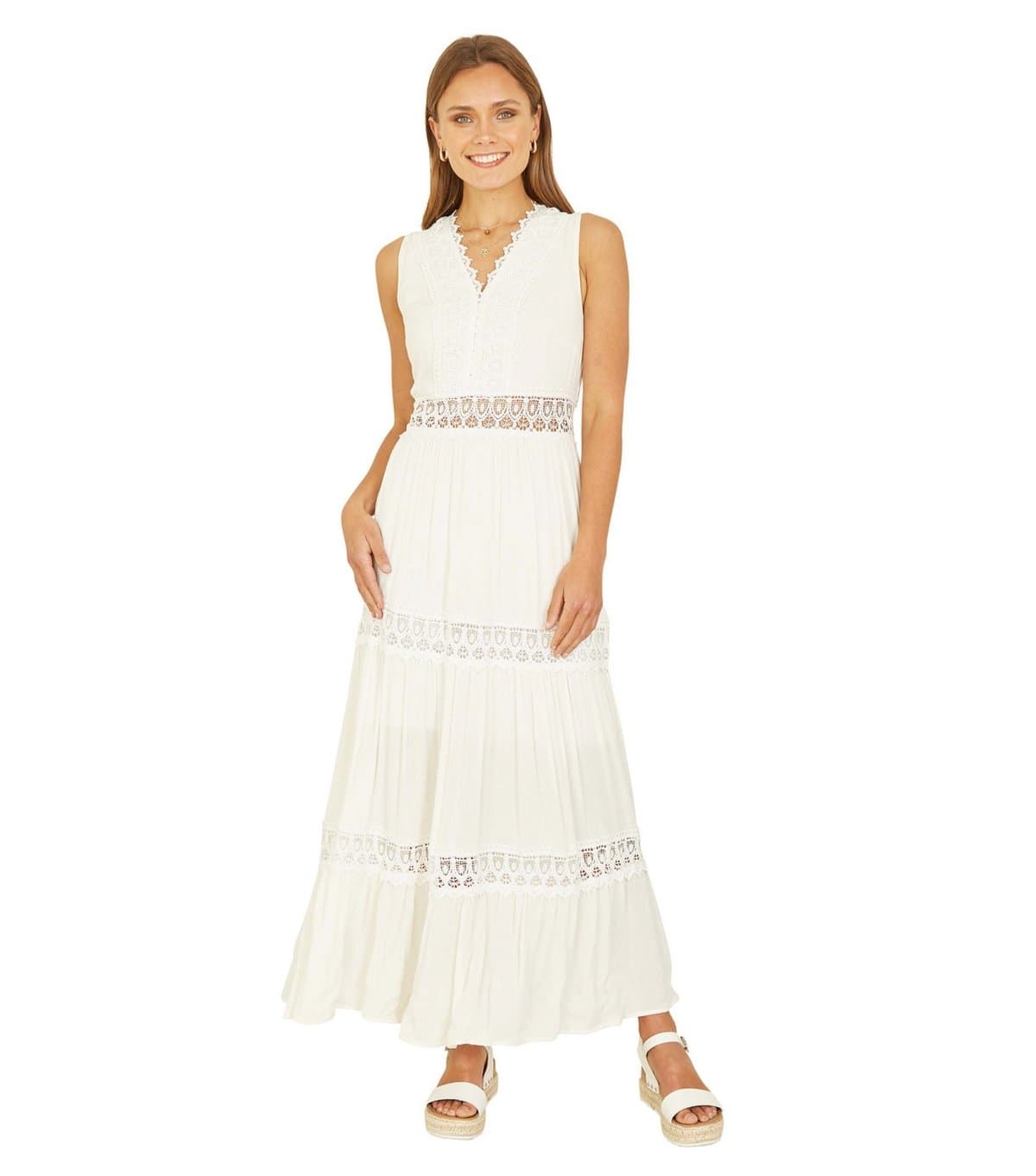 Yumi Women's White Lace Trim Tiered Midi Dress Yumi New Look