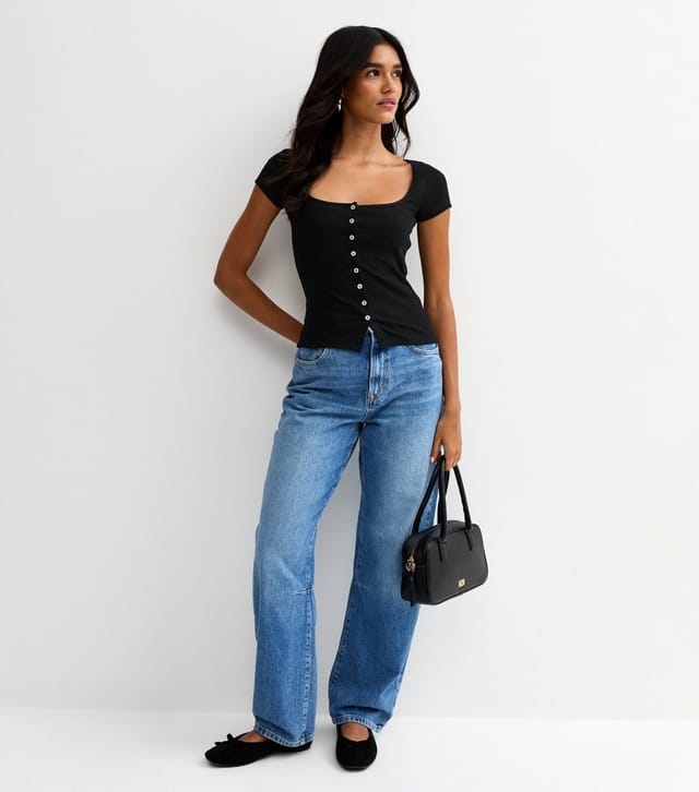 New Look Women's Black Square Neck Button Through T-Shirt New Look - 3