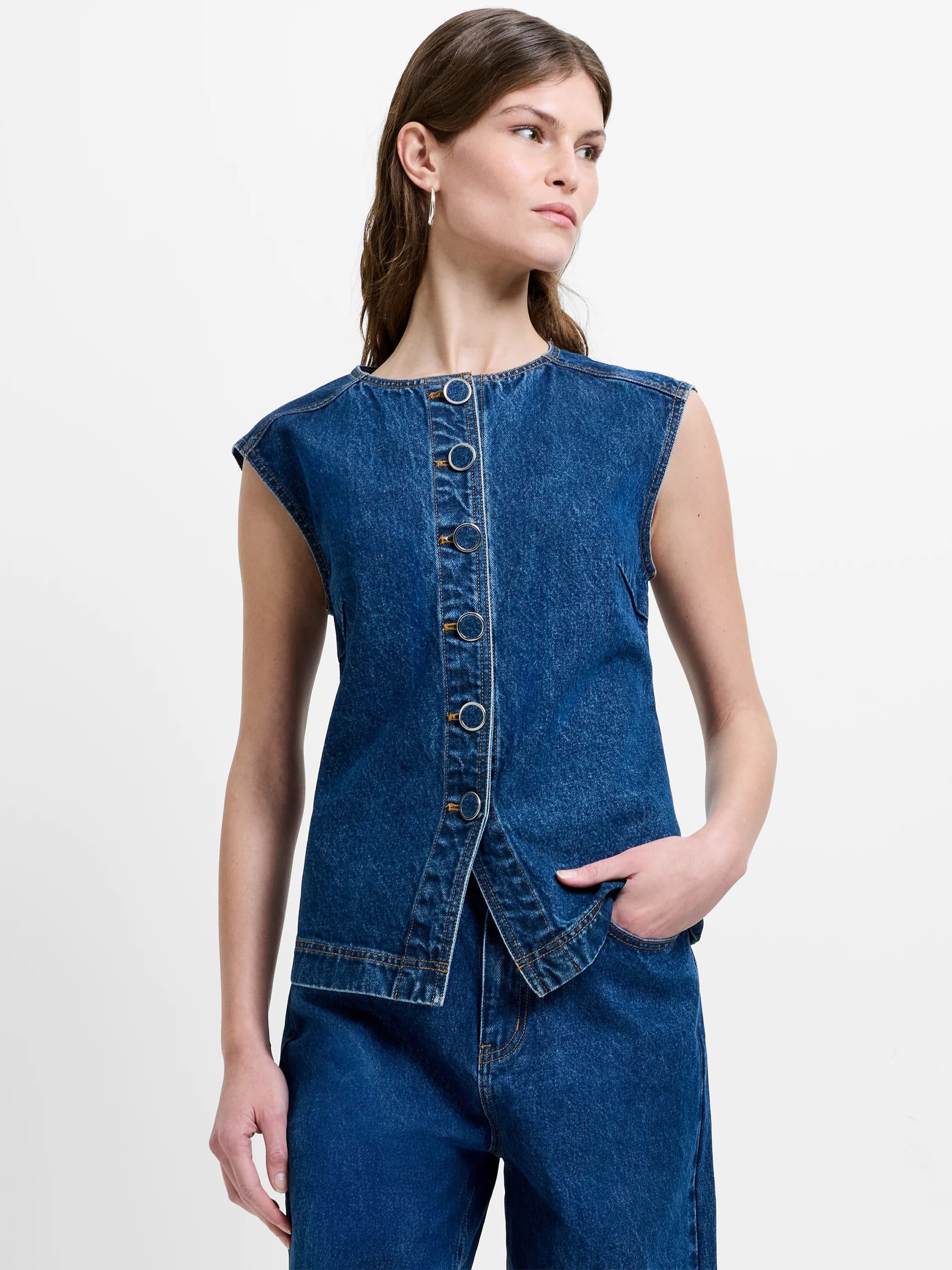 French Connection Dallas Denim Waistcoat Blue Indigo