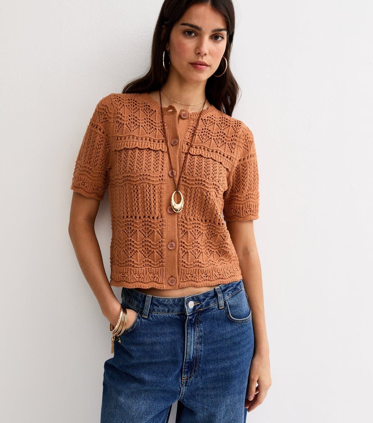 New Look Women's Orange Cotton Rich Patterned Knit Short Sleeve Cardigan New Look