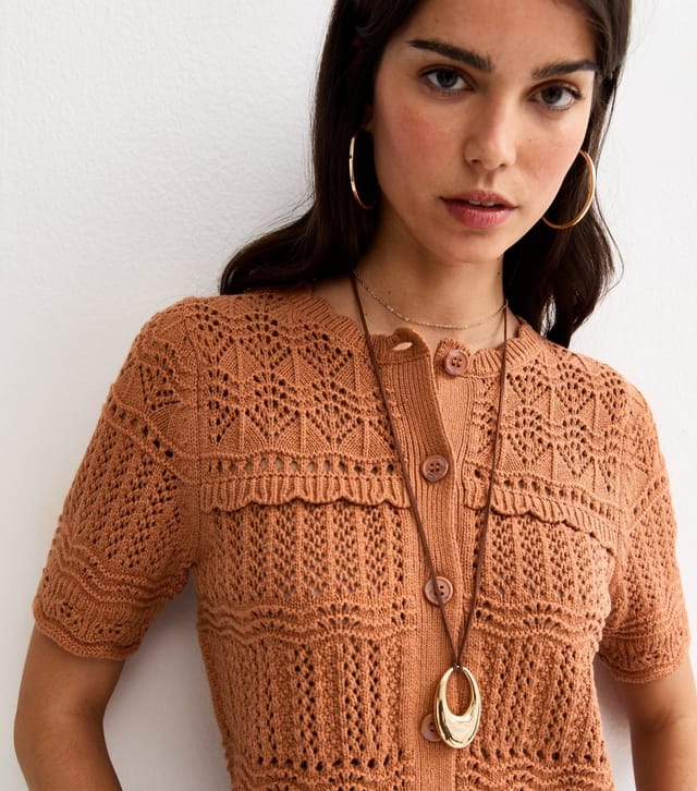 New Look Women's Orange Cotton Rich Patterned Knit Short Sleeve Cardigan New Look - 3