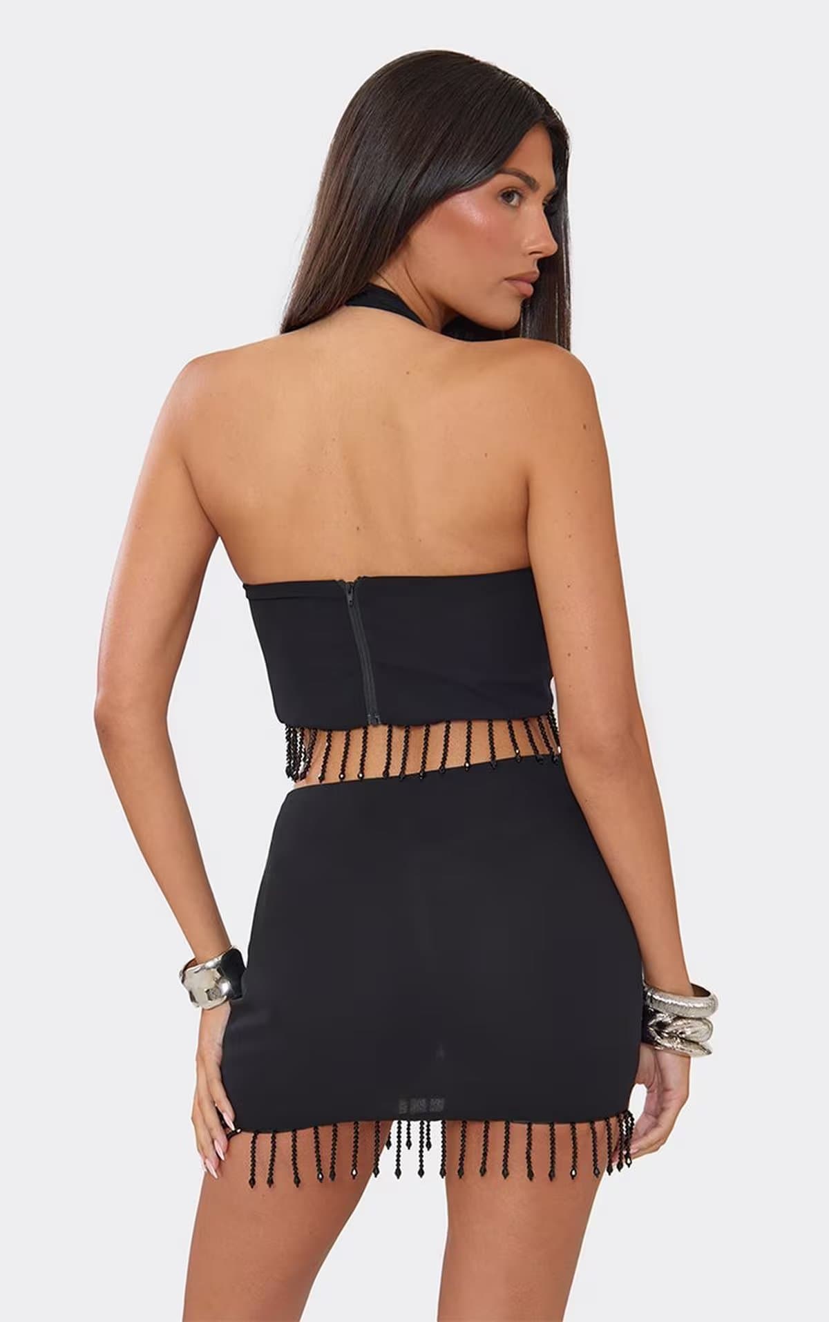 EGO Halterneck Tassel Trim Wrap Front Top In Black, Women's Size UK 6