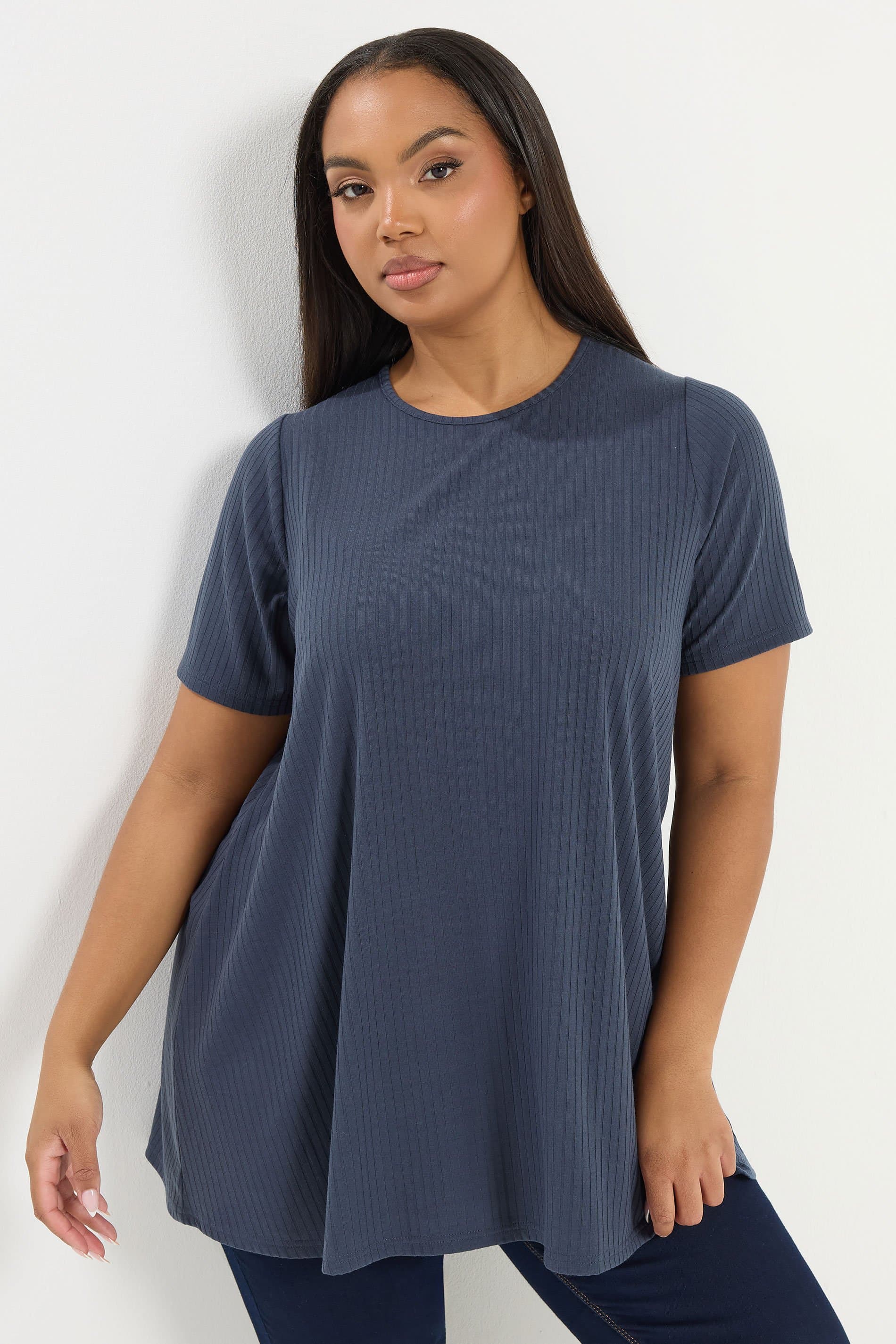 Yours Plus Size Slate Grey Ribbed Swing Top