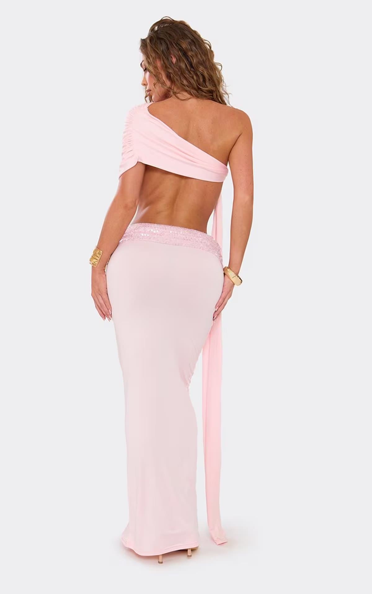 EGO One Shoulder Draped Detail Top And Sequin Panel Maxi Skirt Co-Ord Set In Pink Slinky., Women's Size UK 6