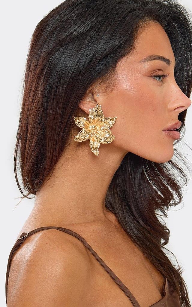 EGO Flower Shaped Textured Detail Oversized Stud Earrings In Gold, Women's Size UK 0 - 2