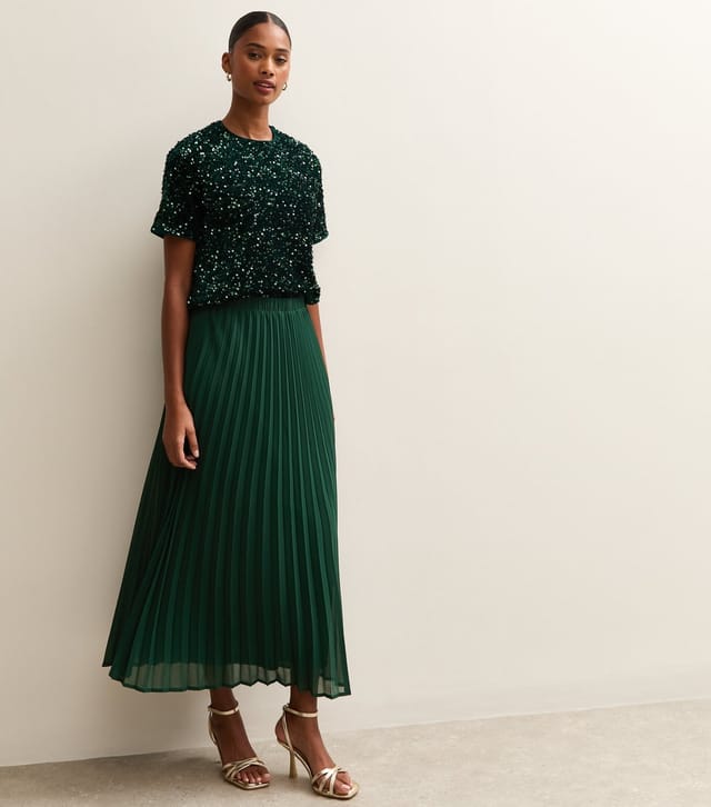 New Look Women's Dark Green Chiffon Pleated Midi Skirt New Look - 3