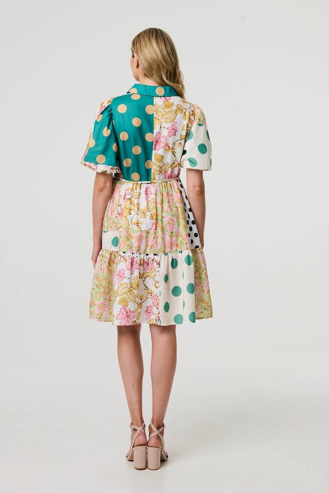 Izabel London Izabel London Women's Patchwork Print Knee Length Shirt Dress in Yellow - 3