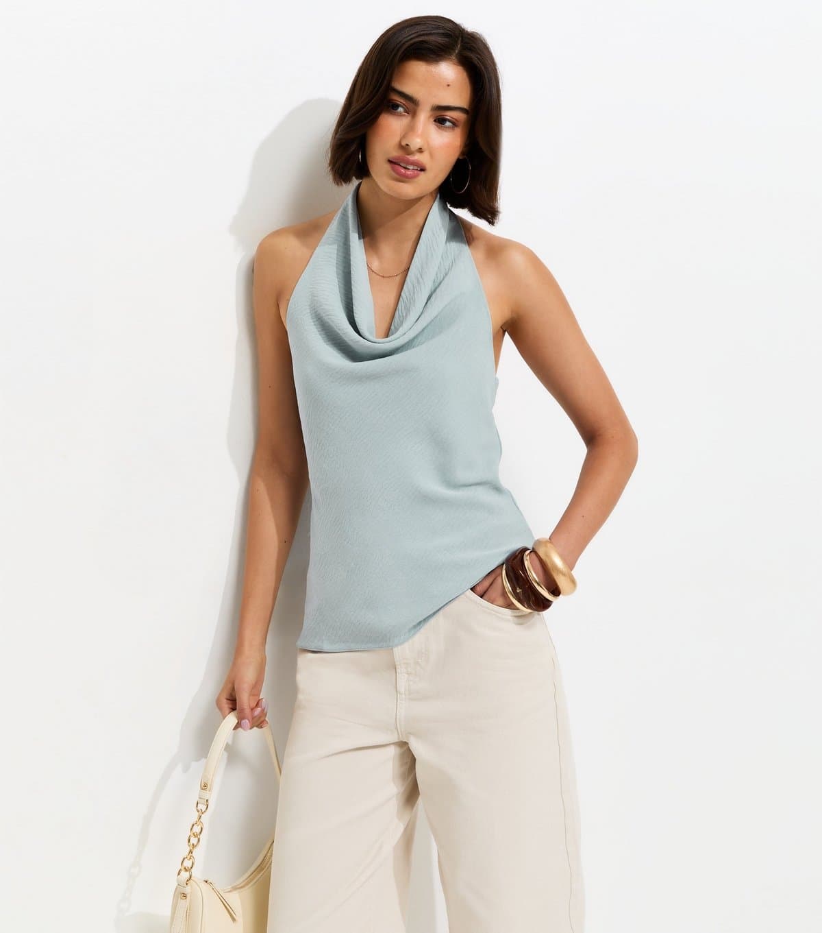 New Look Women's Light Blue Cowl Halter Neck Top New Look