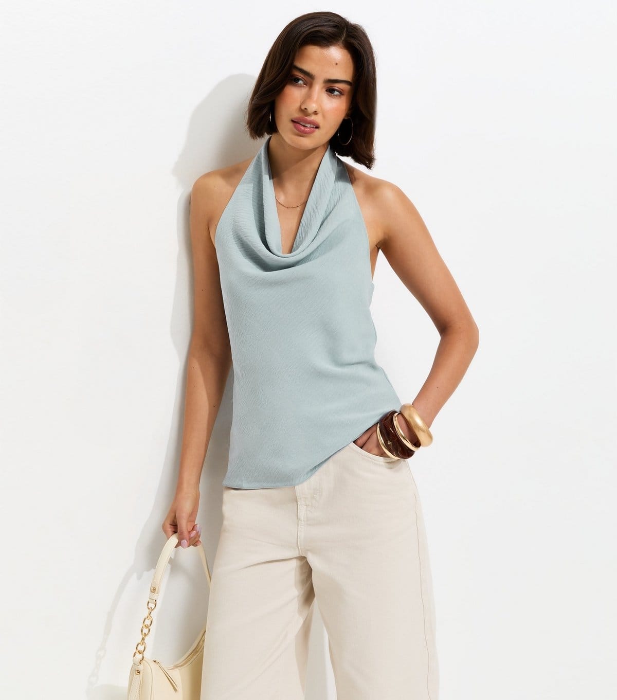 New Look Light Blue Cowl Halter Neck Top