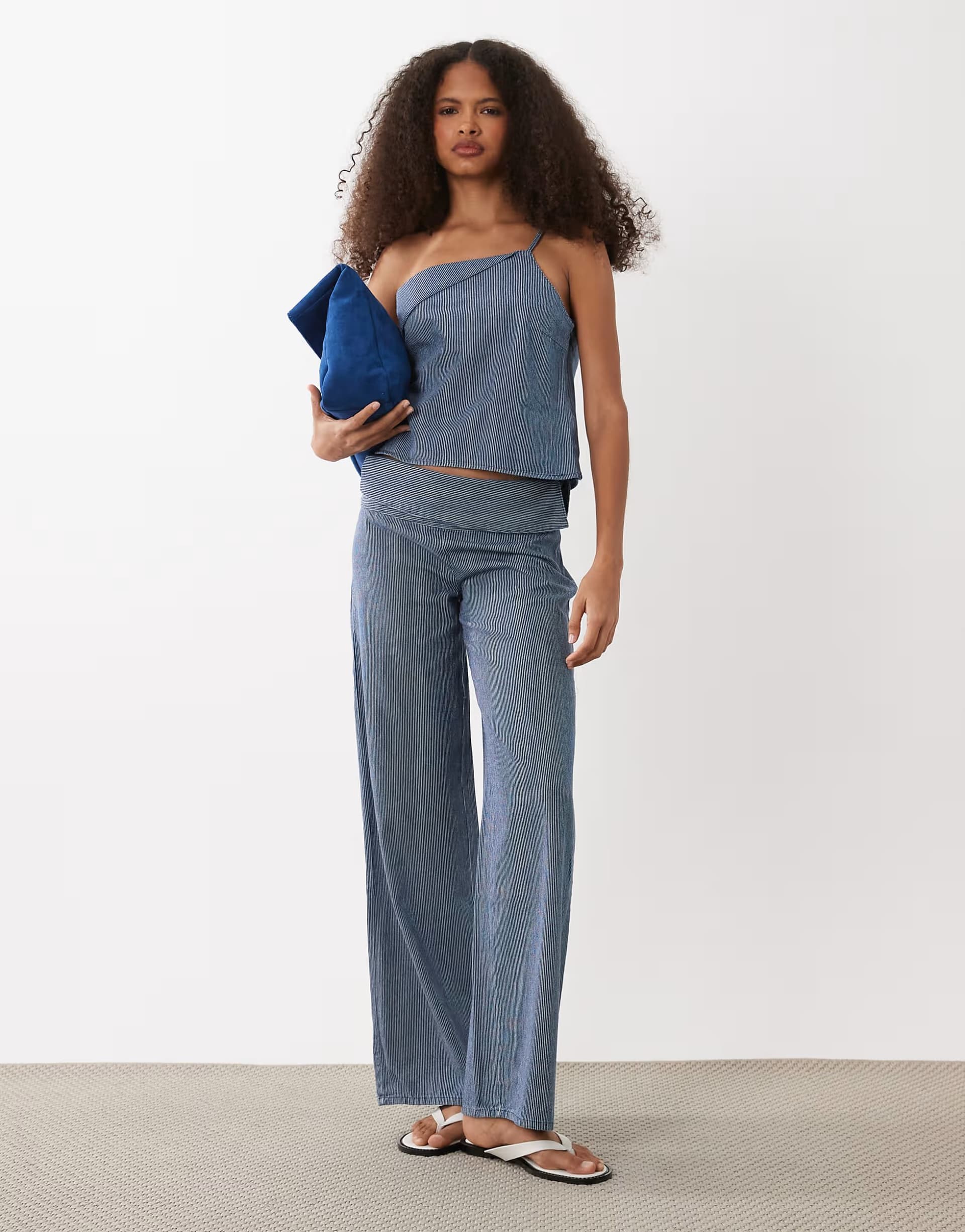 ASOS Mango Teen one shoulder sleeveless top & jean co-ord in blue stripe