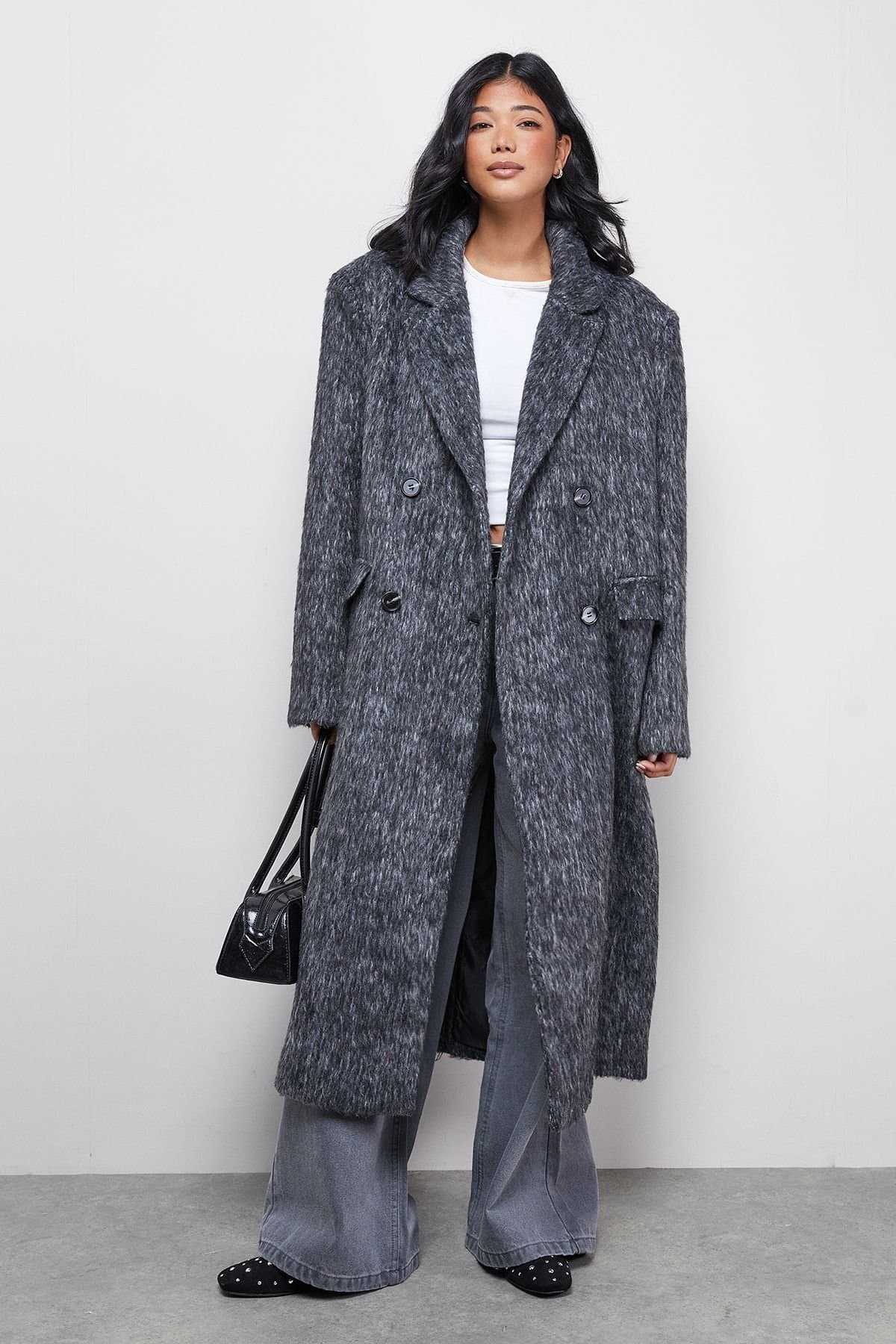Warehouse Warehouse Women's Wool Look Structured Shoulder Coat in Charcoal