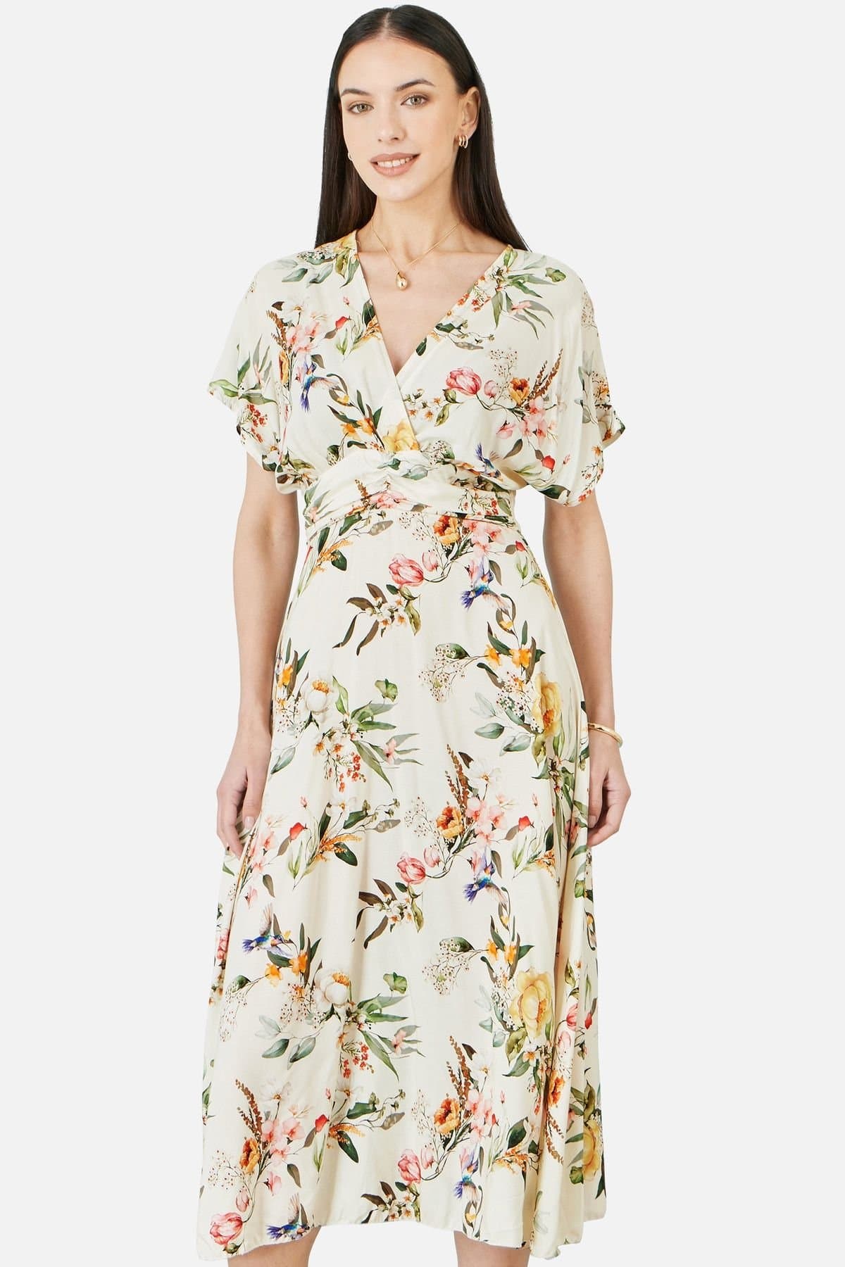 Yumi Yumi Women's Viscose Floral Print Midi Dress With Ruched Waist in Warm White