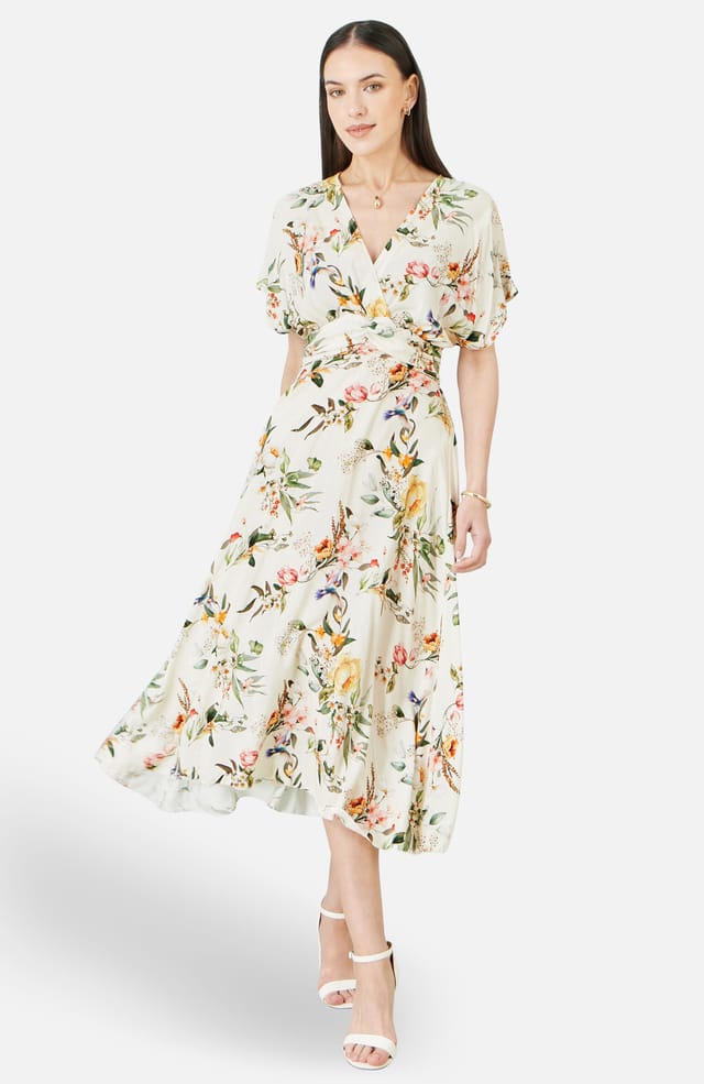 Yumi Yumi Women's Viscose Floral Print Midi Dress With Ruched Waist in Warm White - 2