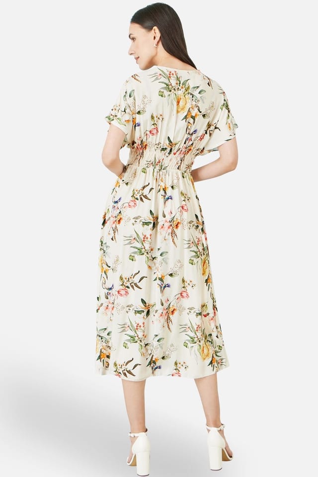 Yumi Yumi Women's Viscose Floral Print Midi Dress With Ruched Waist in Warm White - 3