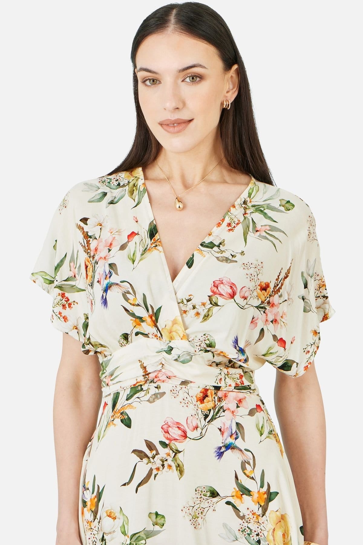 Yumi Yumi Women's Viscose Floral Print Midi Dress With Ruched Waist in Warm White - 4