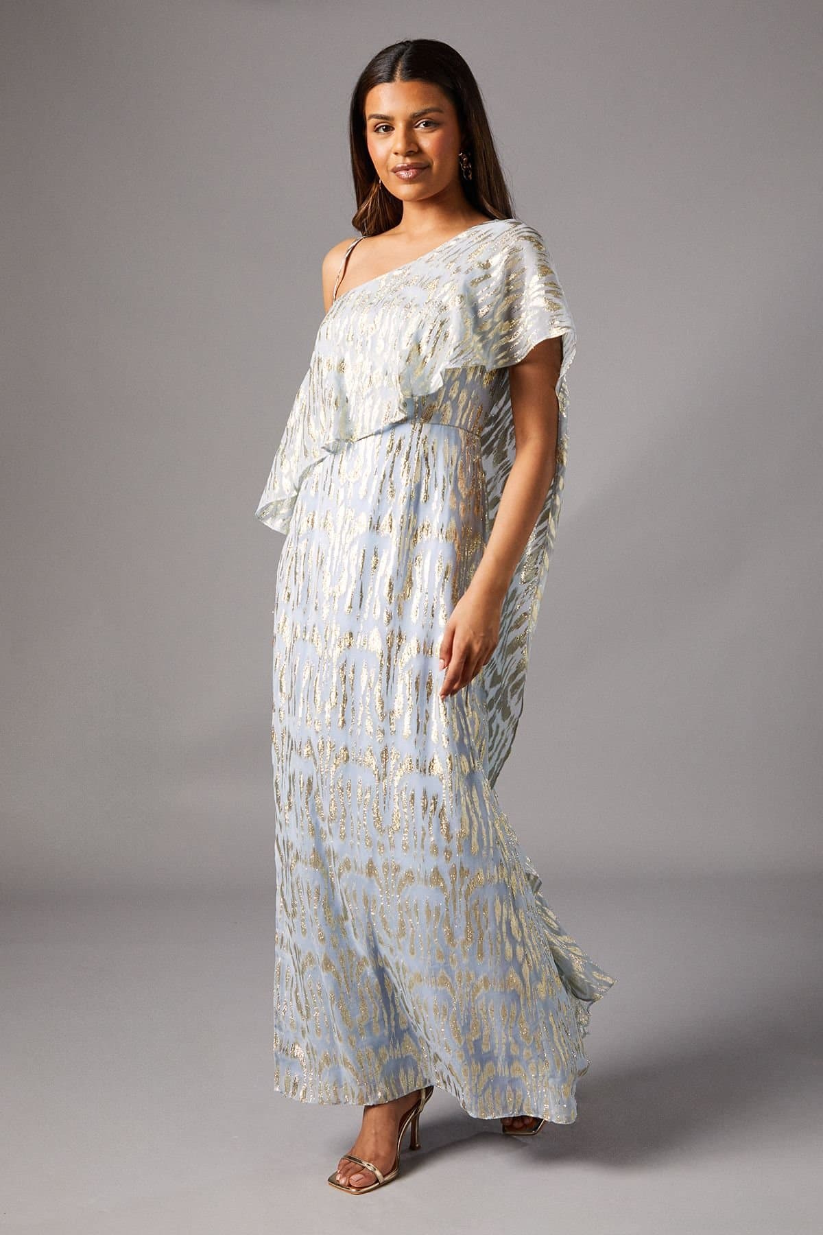 Coast Coast Women's Petite Metallic One Shoulder Maxi Dress in Light Blue