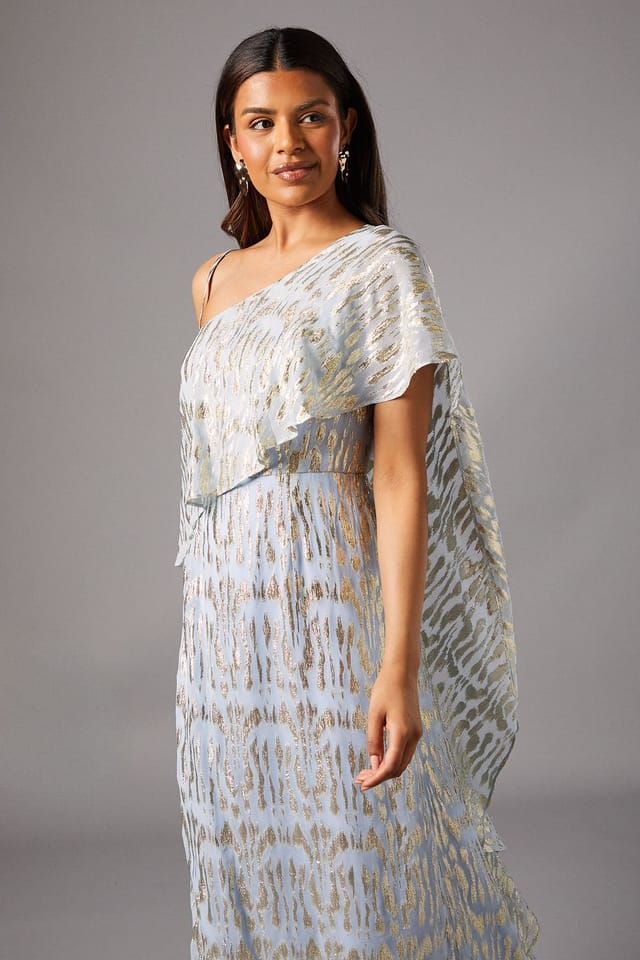 Coast Coast Women's Petite Metallic One Shoulder Maxi Dress in Light Blue - 2