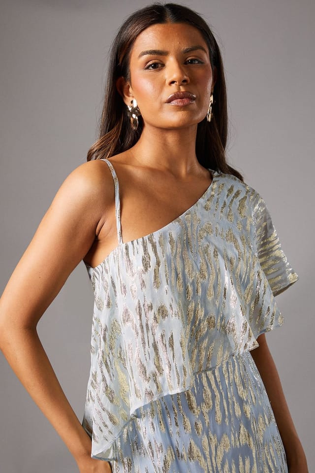 Coast Coast Women's Petite Metallic One Shoulder Maxi Dress in Light Blue - 3