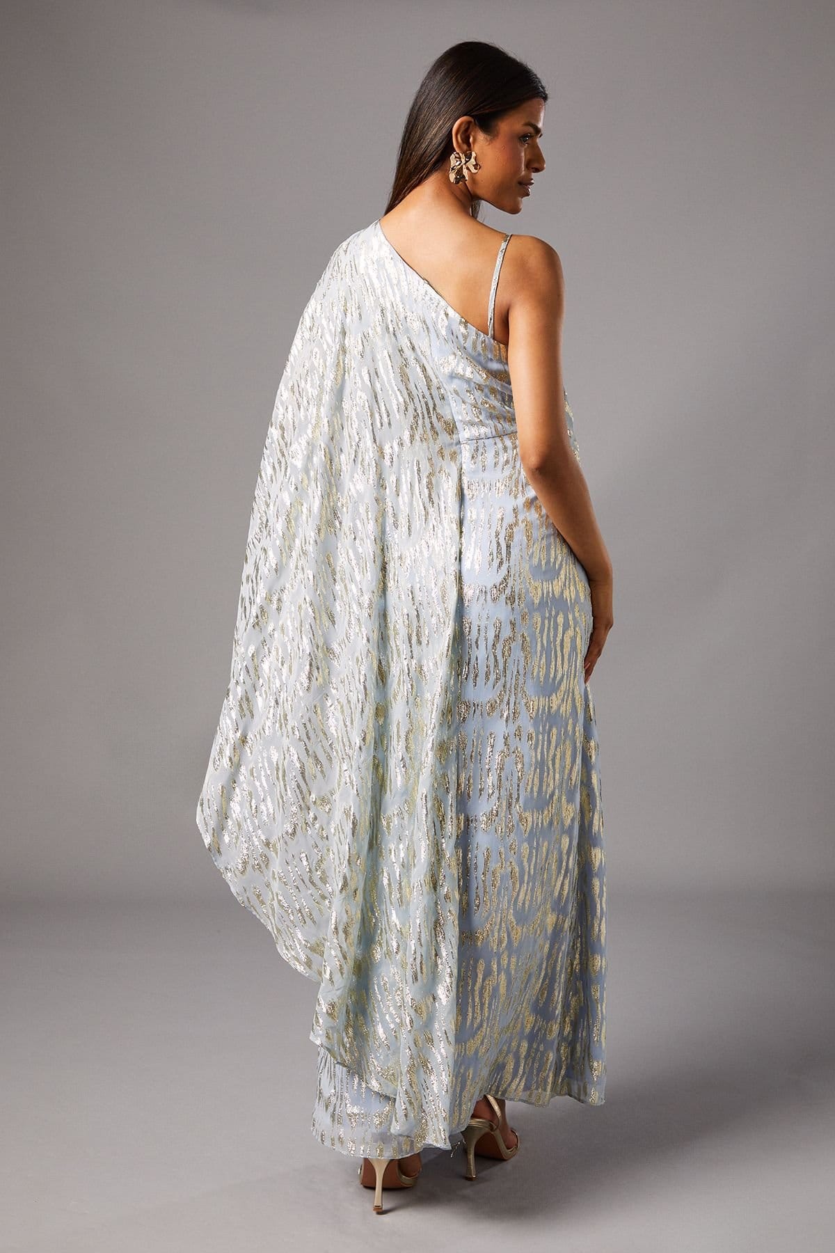 Coast Coast Women's Petite Metallic One Shoulder Maxi Dress in Light Blue - 4