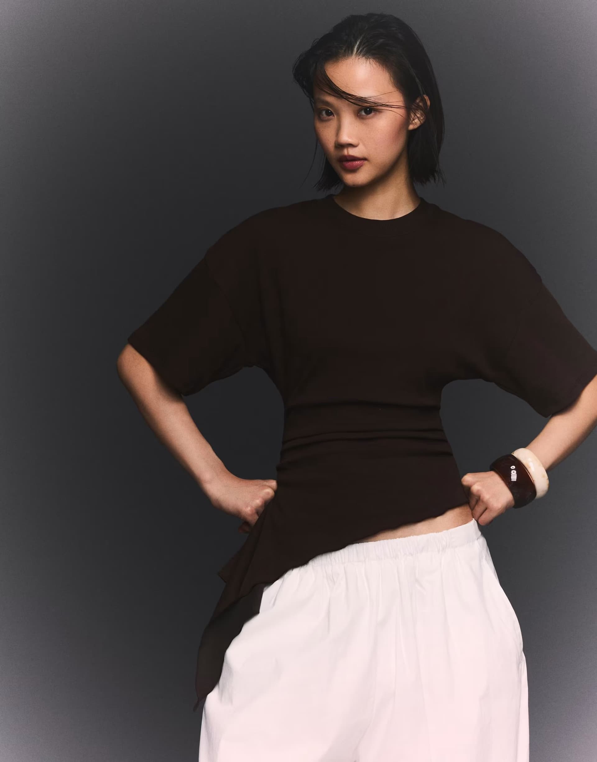ASOS Bershka Short sleeve ruched t-shirt in brown