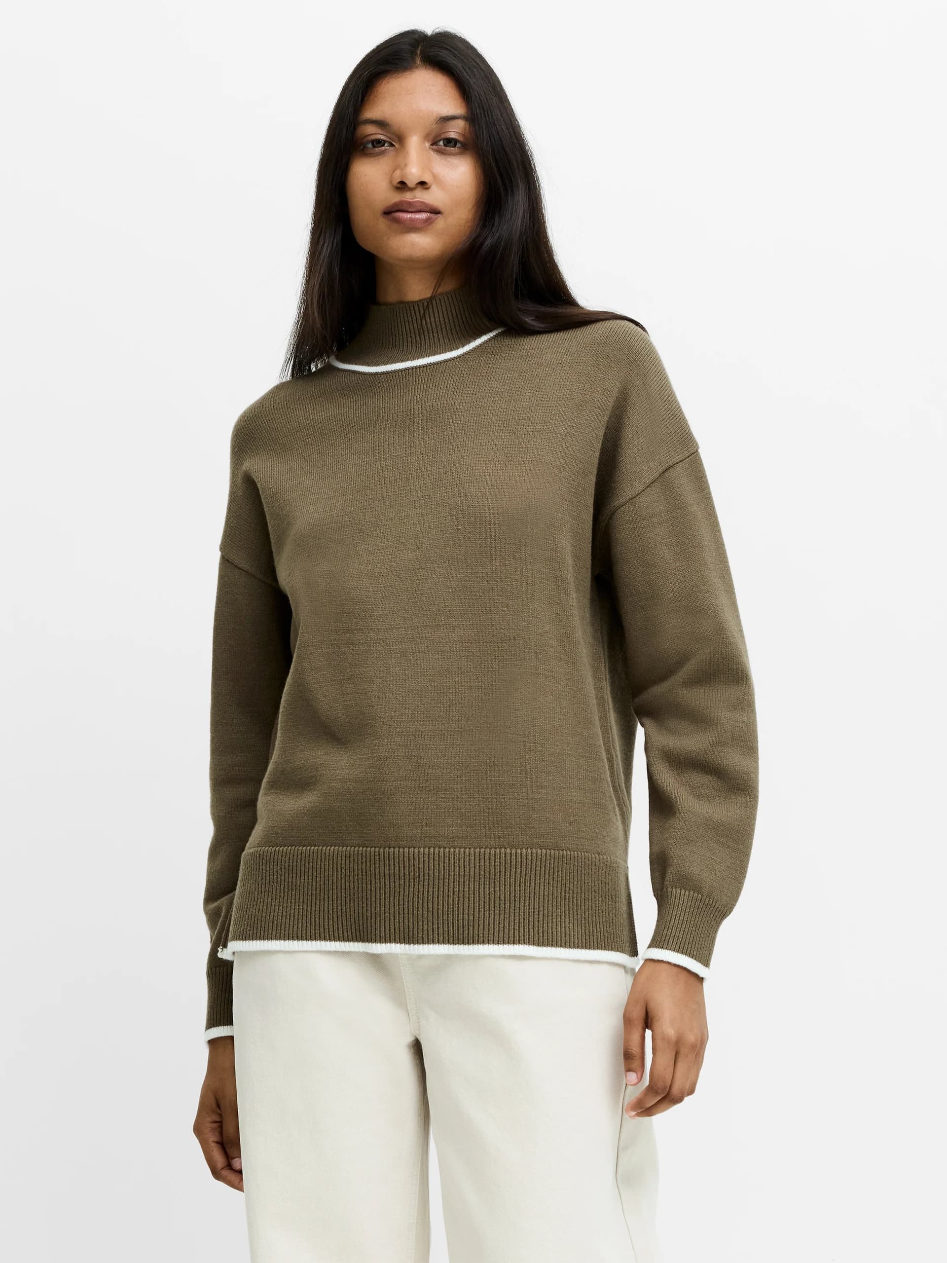 French Connection Jordan Khaki Green Contrast Trim Knit Jumper Khaki Green/Winter White