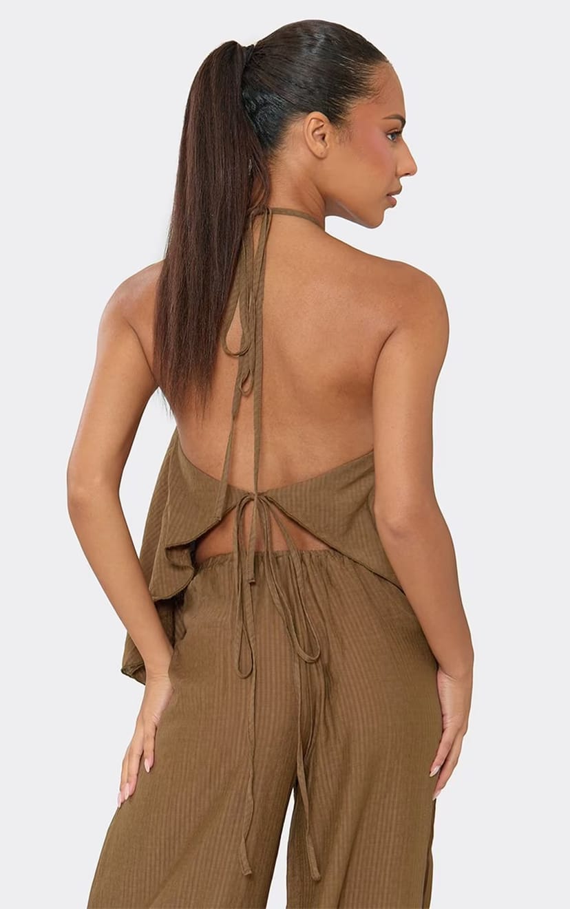 EGO Halterneck Floaty Top In Chocolate Brown Textured Linen., Women's Size UK 6 - 1